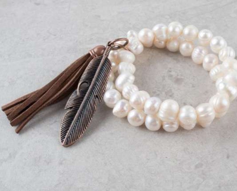 Jewelry * | Jewelry Junkie Double Strand Pearl Bracelet With Feather And Tassel