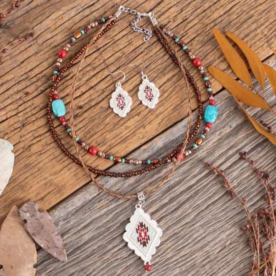 Jewelry * | Cowboy Collectibles Beige And Red Aztec Earring