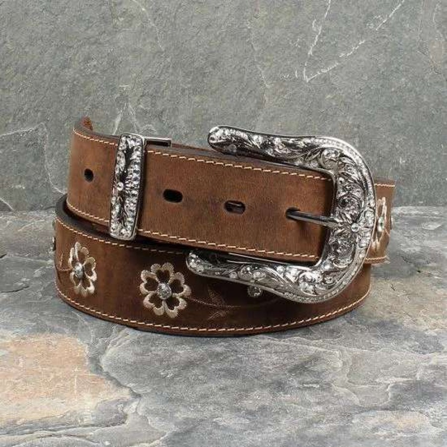 Belts * | Ariat Brown Floral Crystal Concho Belt