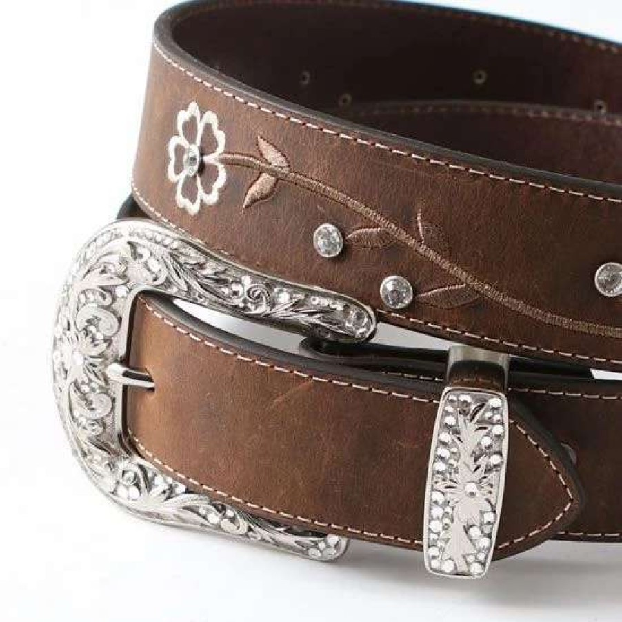 Belts * | Ariat Brown Floral Crystal Concho Belt