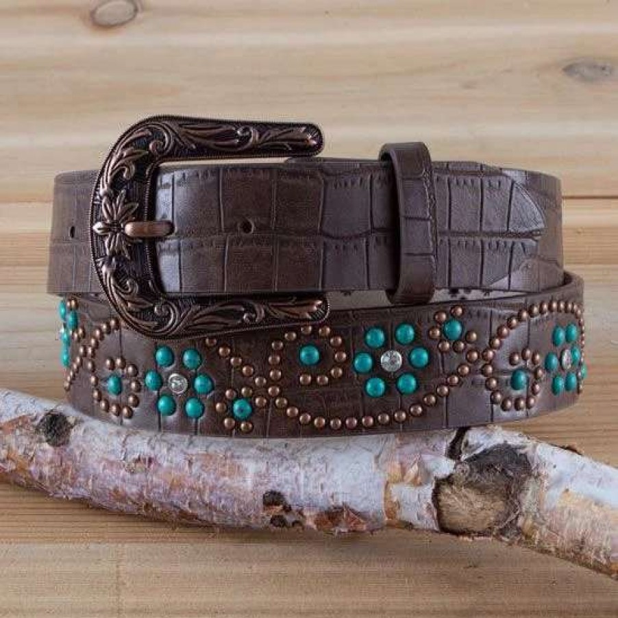 Belts * | Turquoise And Copper Floral Studded Belt