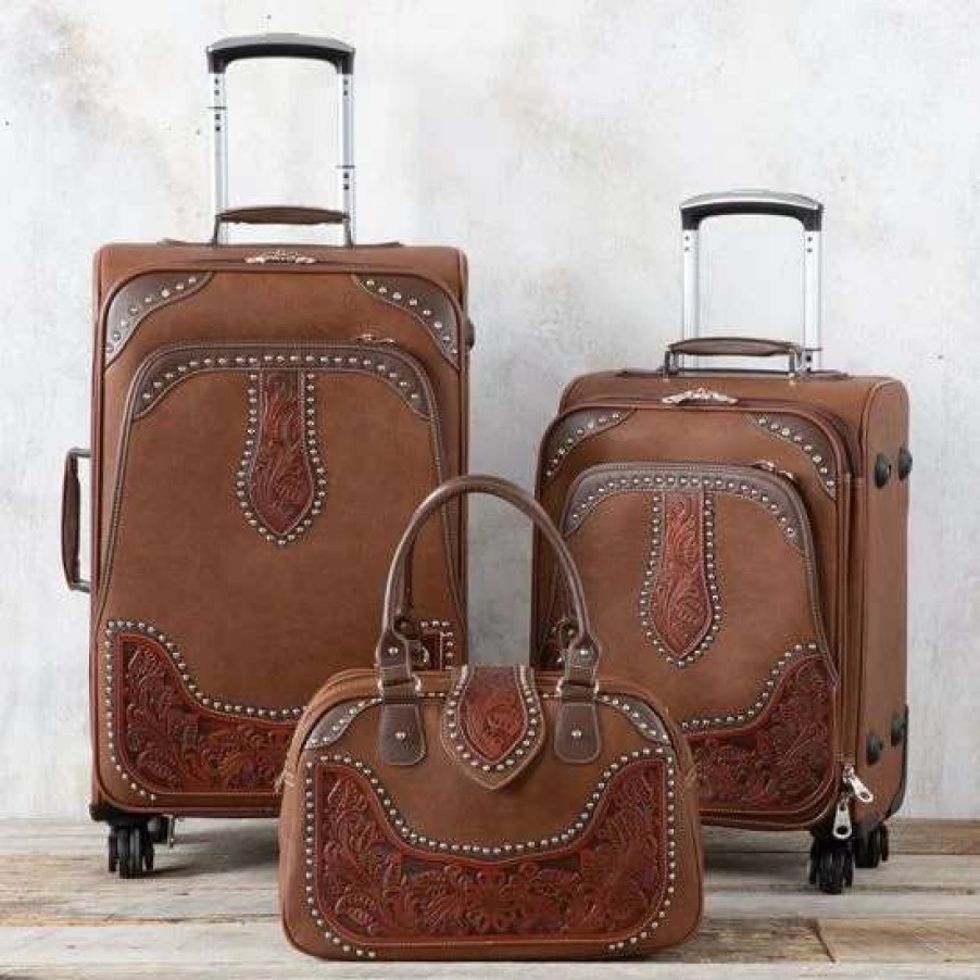 Luggage * | Montana West Brown Tooled 3 Piece Luggage Set