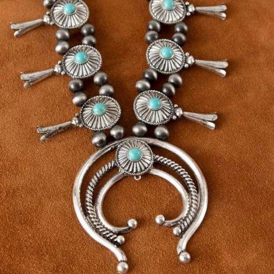 Jewelry * | Silver And Turquoise Squash Blossom Necklace