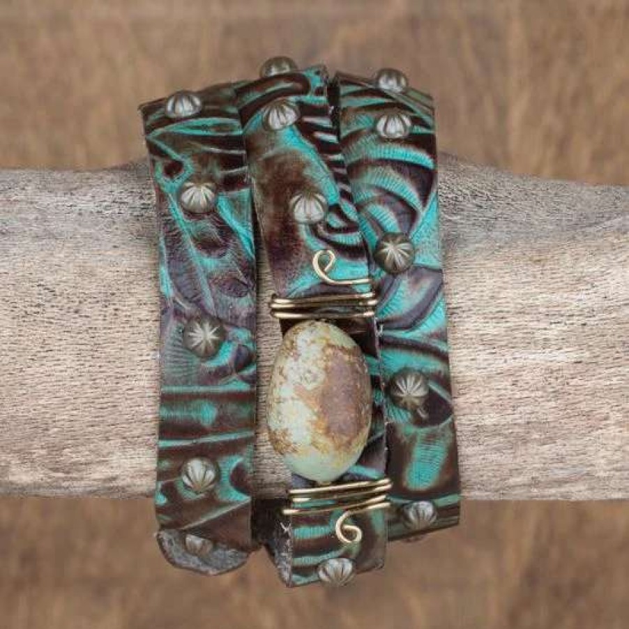 Jewelry * | The Rowdy Cowgirl Rowdy Cowgirl Sweetwater Stone Turquoise Leather Wrap Bracelet