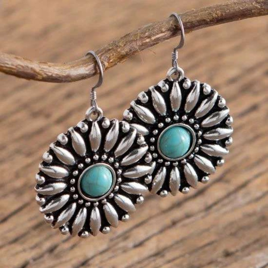 Jewelry * | Cowboy Collectibles Turquoise Sunflower Dangle Earrings