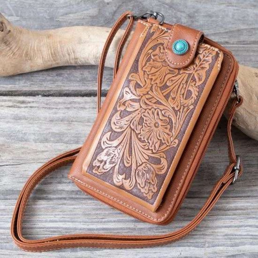 Handbags * | Montana West Amarillo Tan Tooled Phone Case Crossbody