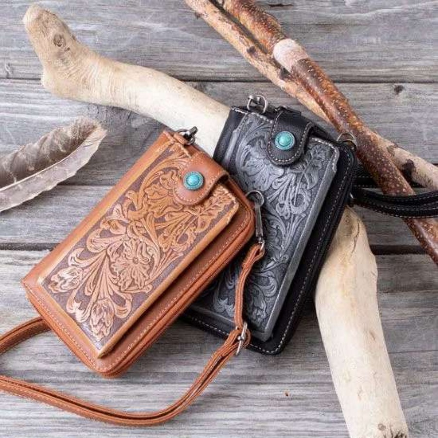 Handbags * | Montana West Amarillo Tan Tooled Phone Case Crossbody