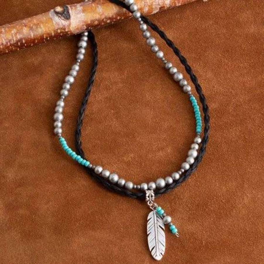 Jewelry * | Cowboy Collectibles Turquoise Feather Horse Hair Layered Necklace