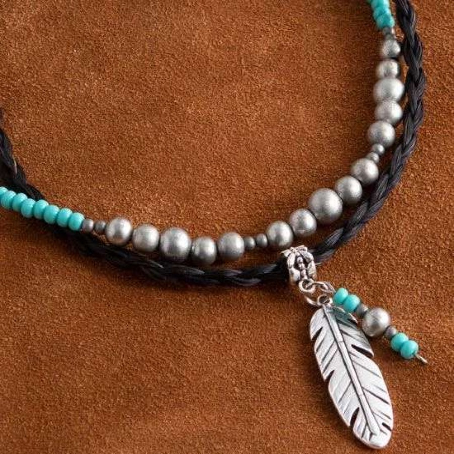 Jewelry * | Cowboy Collectibles Turquoise Feather Horse Hair Layered Necklace