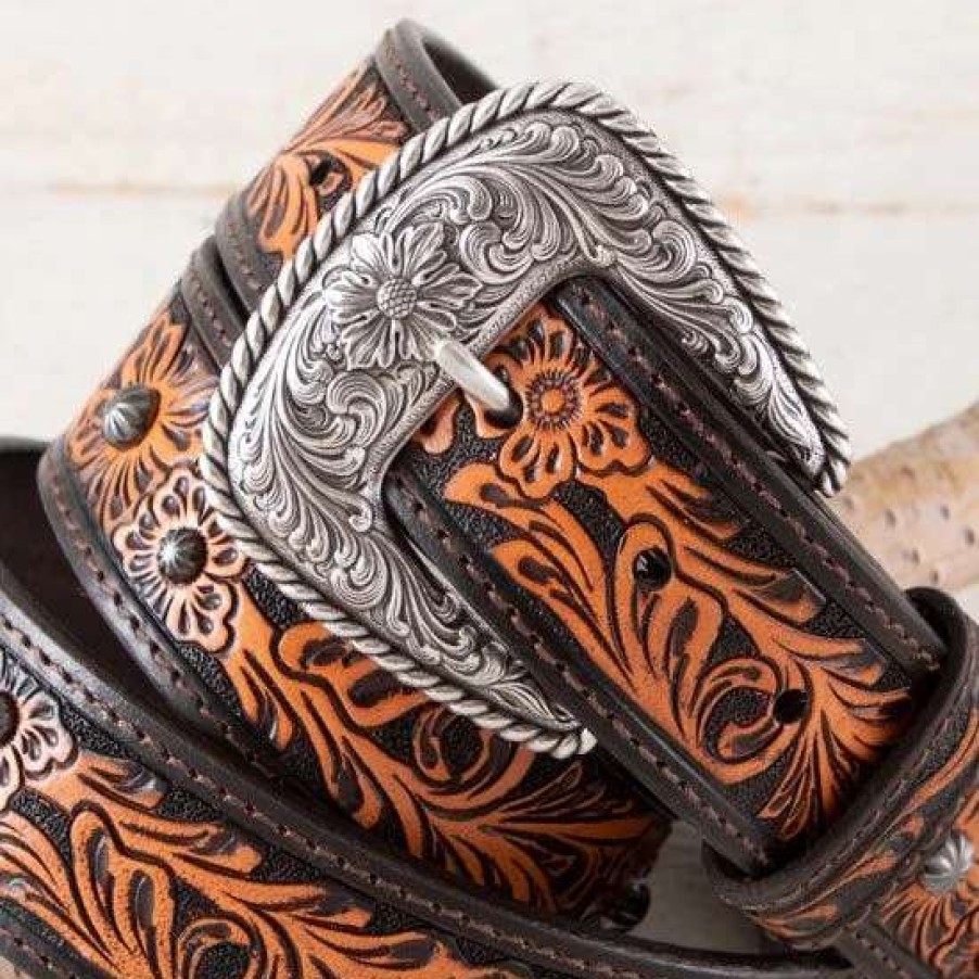 Belts * | Roper Brown Tooled Flower Belt