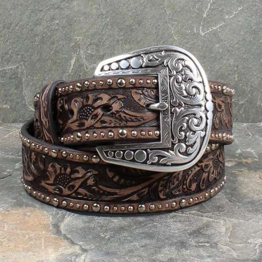 Belts * | Ariat Brown Floral Studded Belt