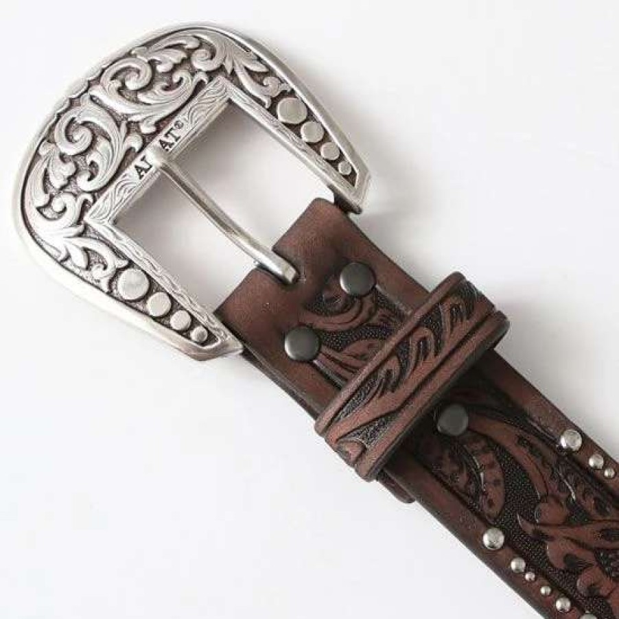 Belts * | Ariat Brown Floral Studded Belt