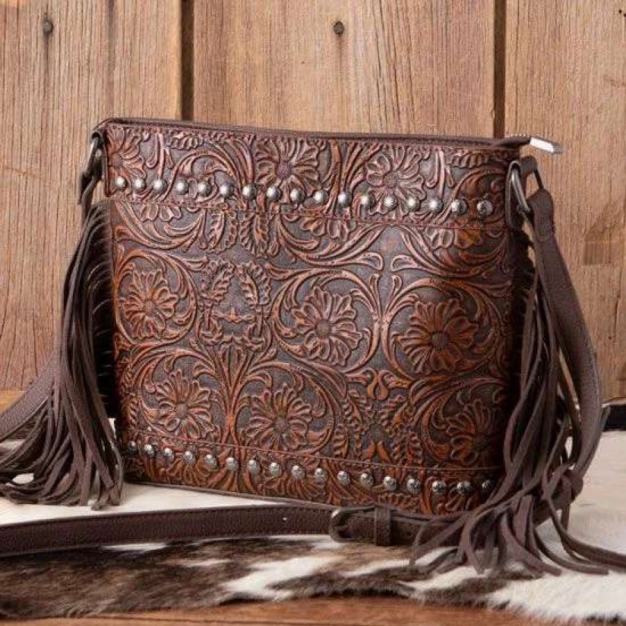 Handbags * | Trinity Ranch Coffee Floral Tooled Crossbody