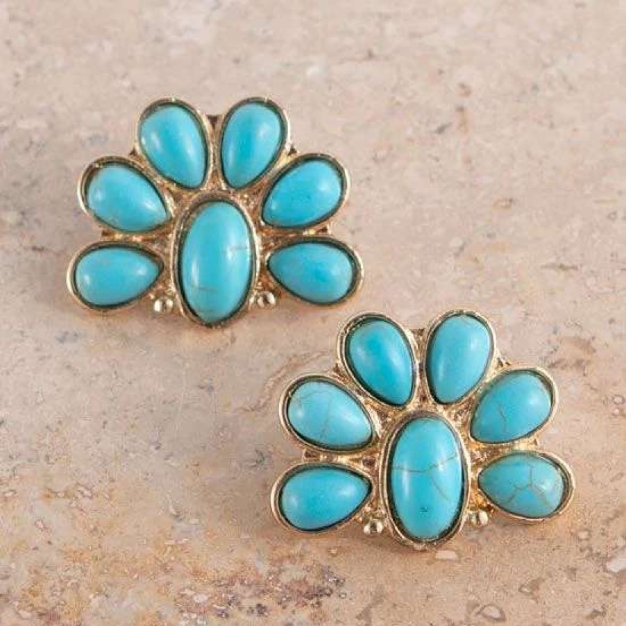 Jewelry * | West And Company Gold And Turquoise Half Flower Earrings