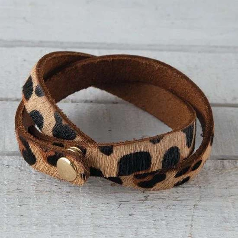 Jewelry * | Hair-On Leopard Print Double Wrap Leather Bracelet