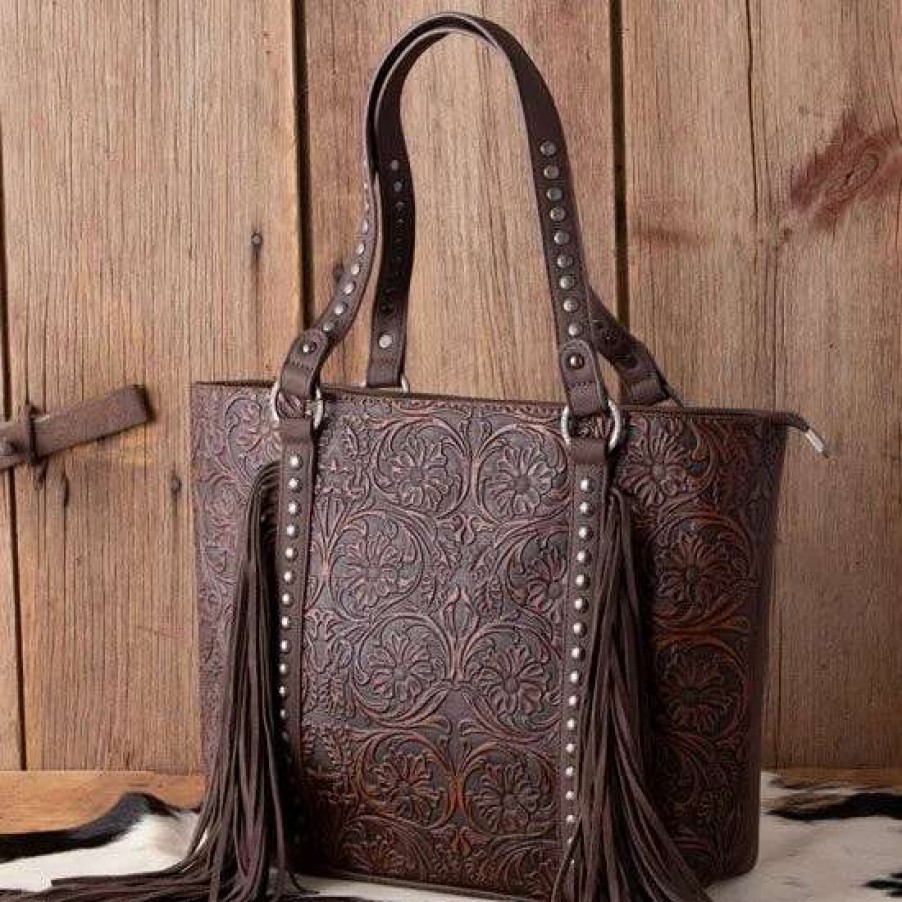 Handbags * | Trinity Ranch Coffee Floral Tooled Tote