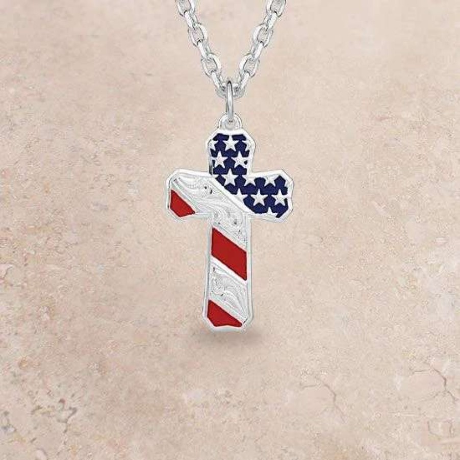 Jewelry * | Montana Silversmiths Born In The Usa Patriotic Cross Necklace