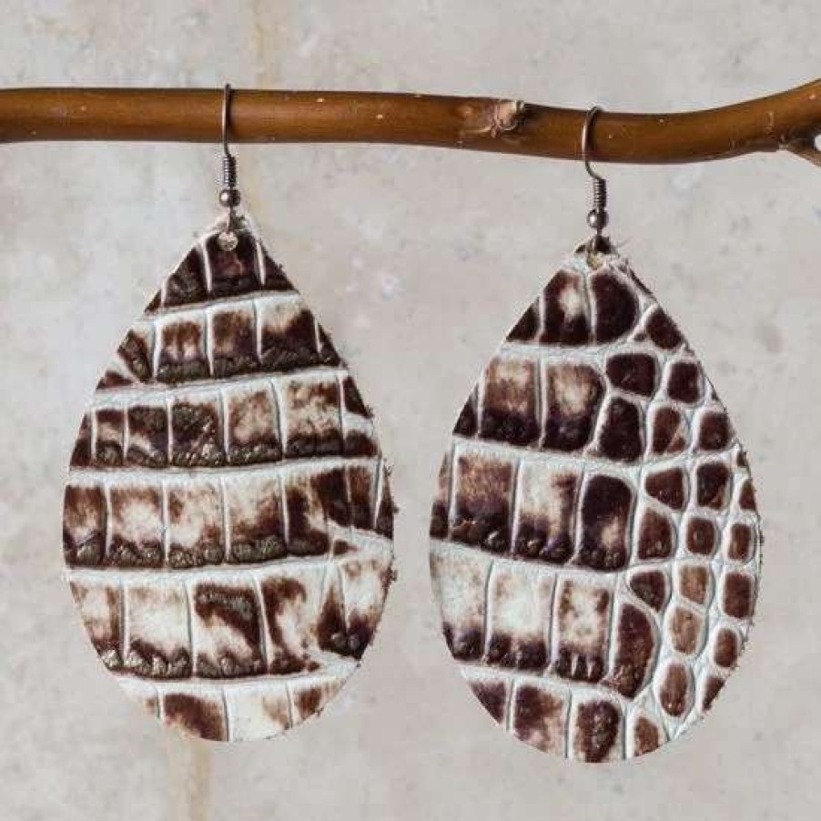 Jewelry * | Jewelry Junkie Brown And Cream Gator Leather Teardrop Earrings