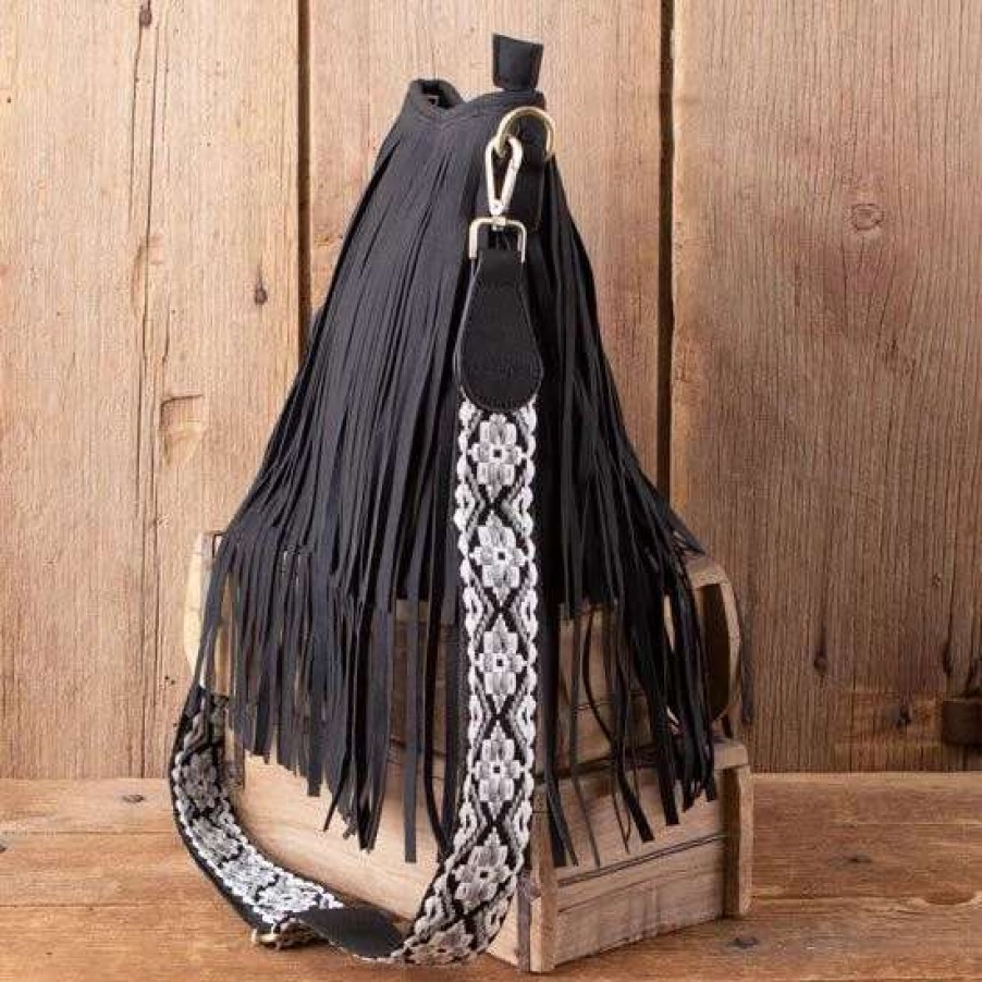 Handbags * | Aztec Black Fringe Crossbody Bag