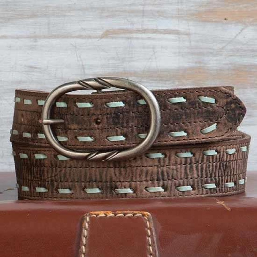 Belts * | Cowgirls Rock Distressed Buffalo Leather Whipstitch Belt