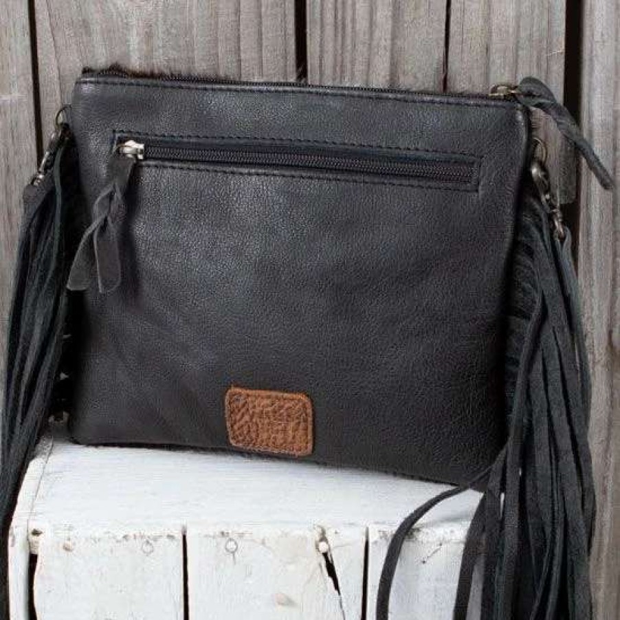 Handbags * | American Darling Black Acid Wash Cowhide Crossbody