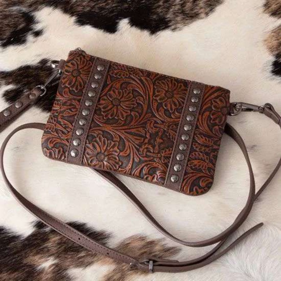 Handbags * | Trinity Ranch Coffee Floral Tooled Clutch